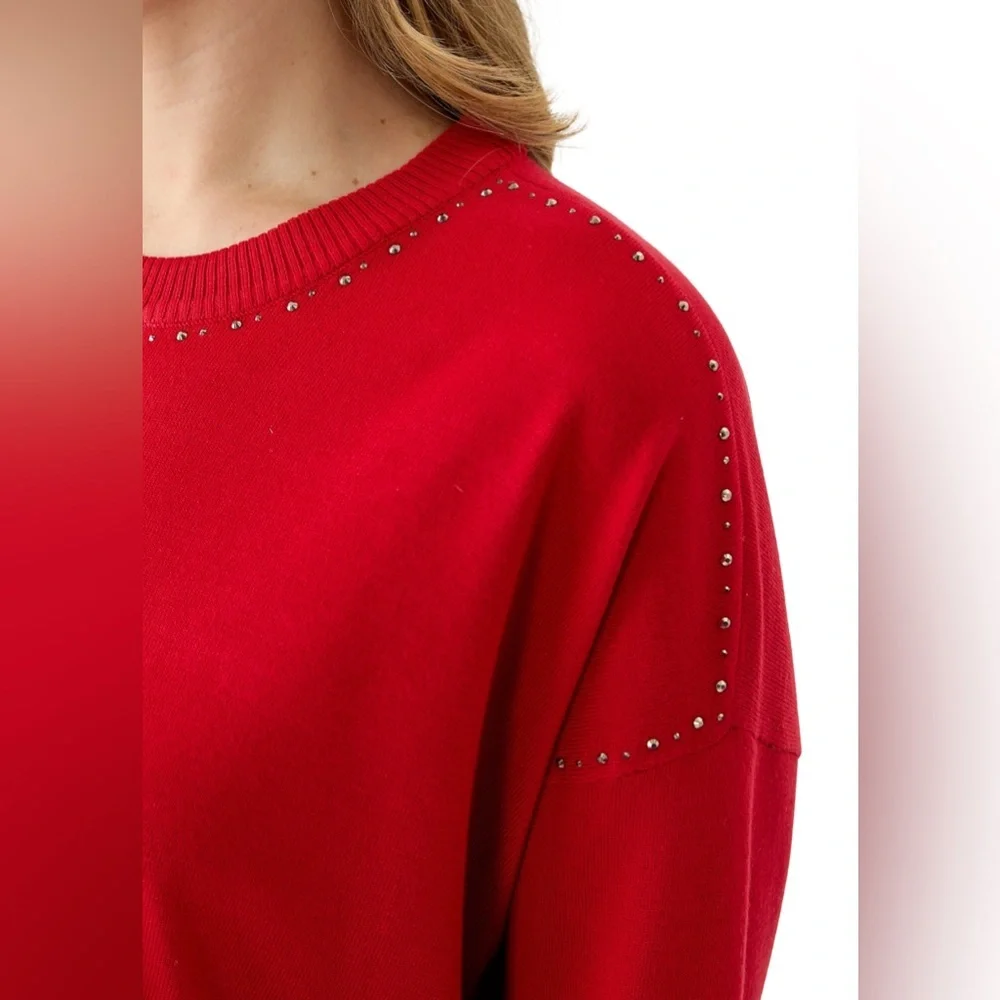 DKNY Women’s Crew neck Stud‎ Trim, Split Hem Sweater NWT Size M - Picture 4 of 10